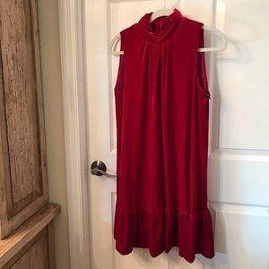 Calvin Klein Red Velvet Mock Neck Tired Sleeveless Dress